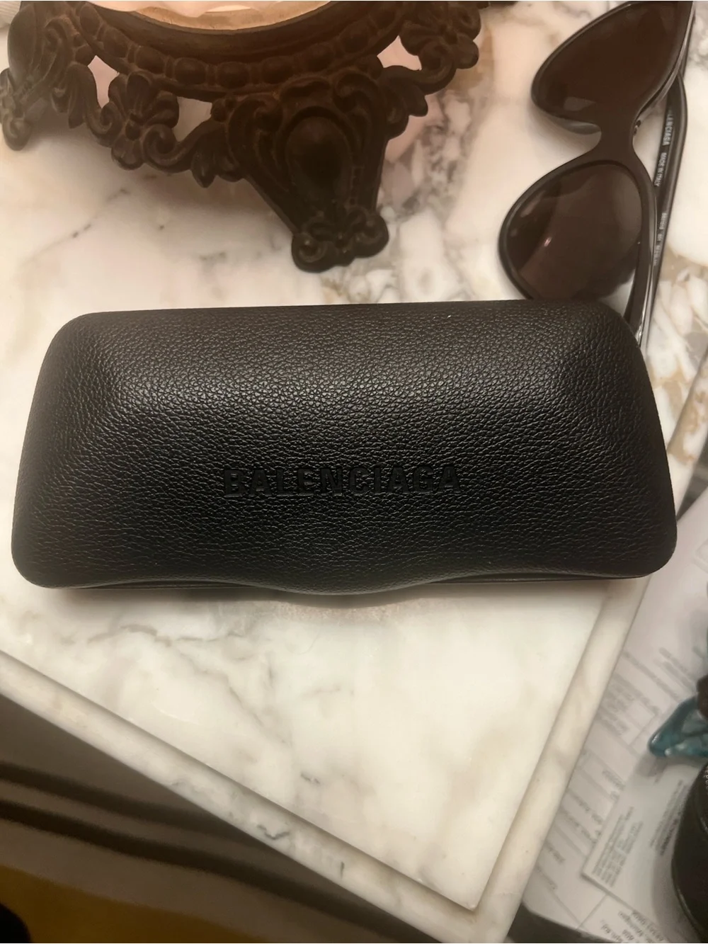Balenciaga Black Cat-Eye Sunglasses with Embossed Case